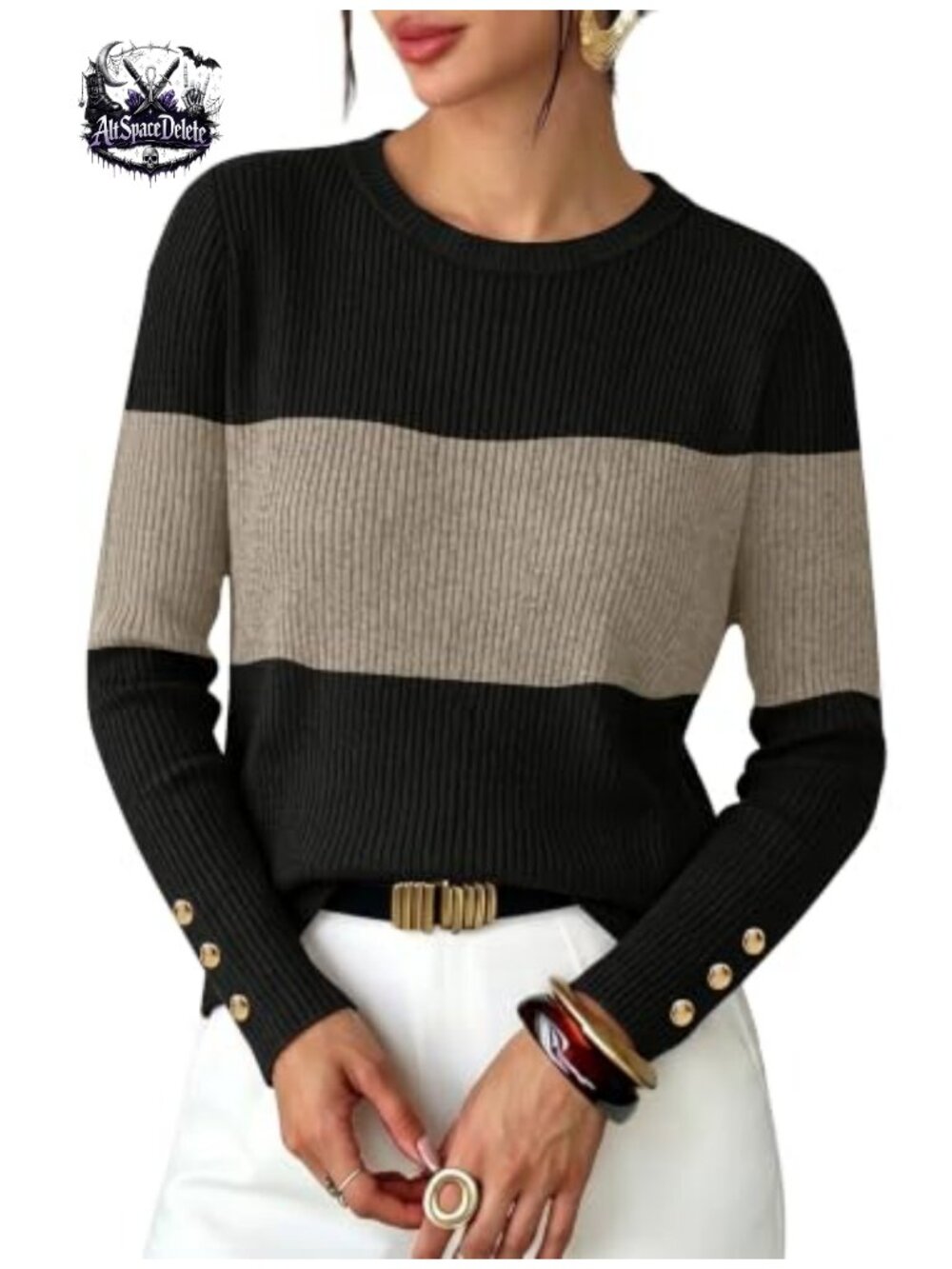 Womens Ribbed Knit Button Cuff Pullover Sweater Crew Neck Long Sleeve